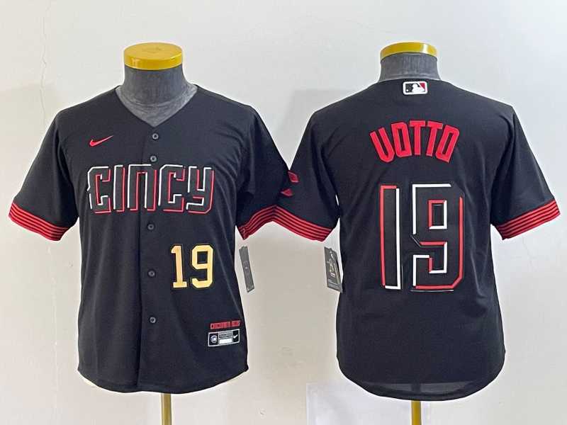 Youth Cincinnati Reds #19 Joey Votto Number Black 2023 City Connect Cool Base Jersey